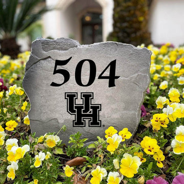 Officially licensed Houston Cougars Address Stone handcrafted in the USA with custom house numbers and engraved team artwork. This personalized address marker enhances curb appeal for alumni homes, patios, and landscape beds.
