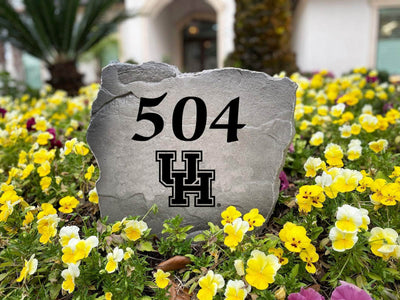 College-themed house number rock with bold UH branding for landscaping décor.
