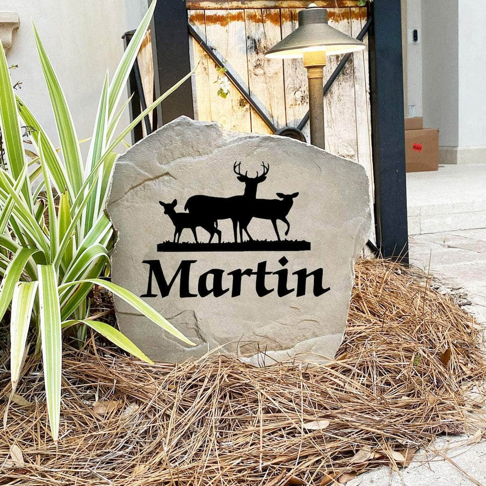 Decorative deer landscape stone featuring personalized engraving, perfect for gardens, lake houses, walkways, and rustic property entrances.