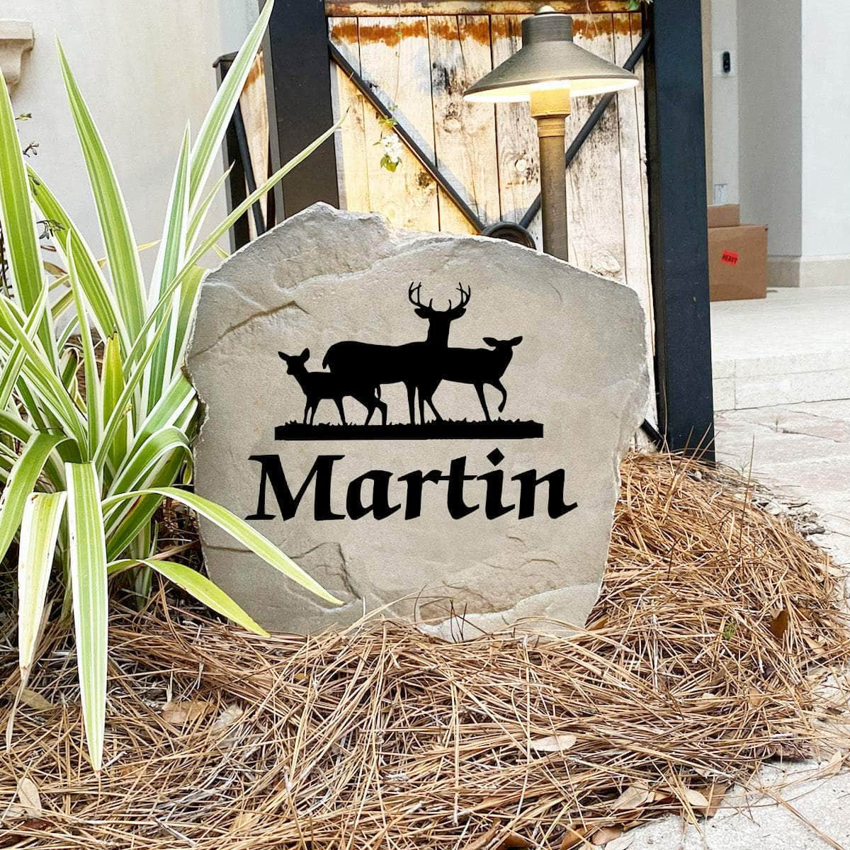 Decorative deer landscape stone featuring personalized engraving, perfect for gardens, lake houses, walkways, and rustic property entrances.