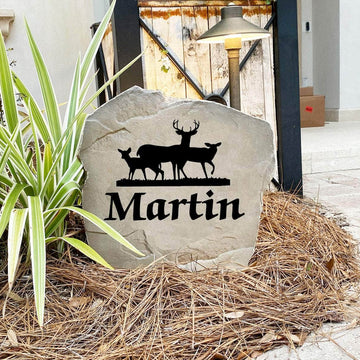 Decorative deer landscape stone featuring personalized engraving, perfect for gardens, lake houses, walkways, and rustic property entrances.