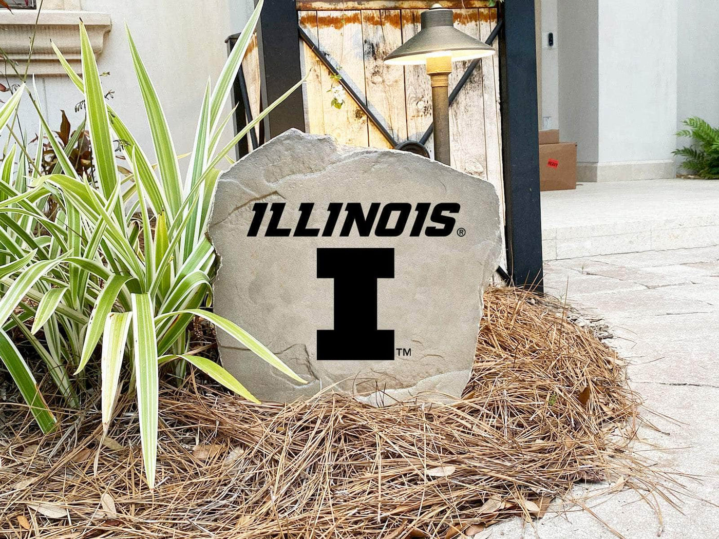 Durable Illinois logo rock with engraved logo for garden or yard signage.