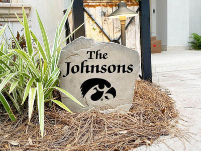 Custom college landscape rock with Iowa logo and name