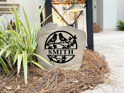 Durable outdoor love birds stone with personalized engraving for home or garden.