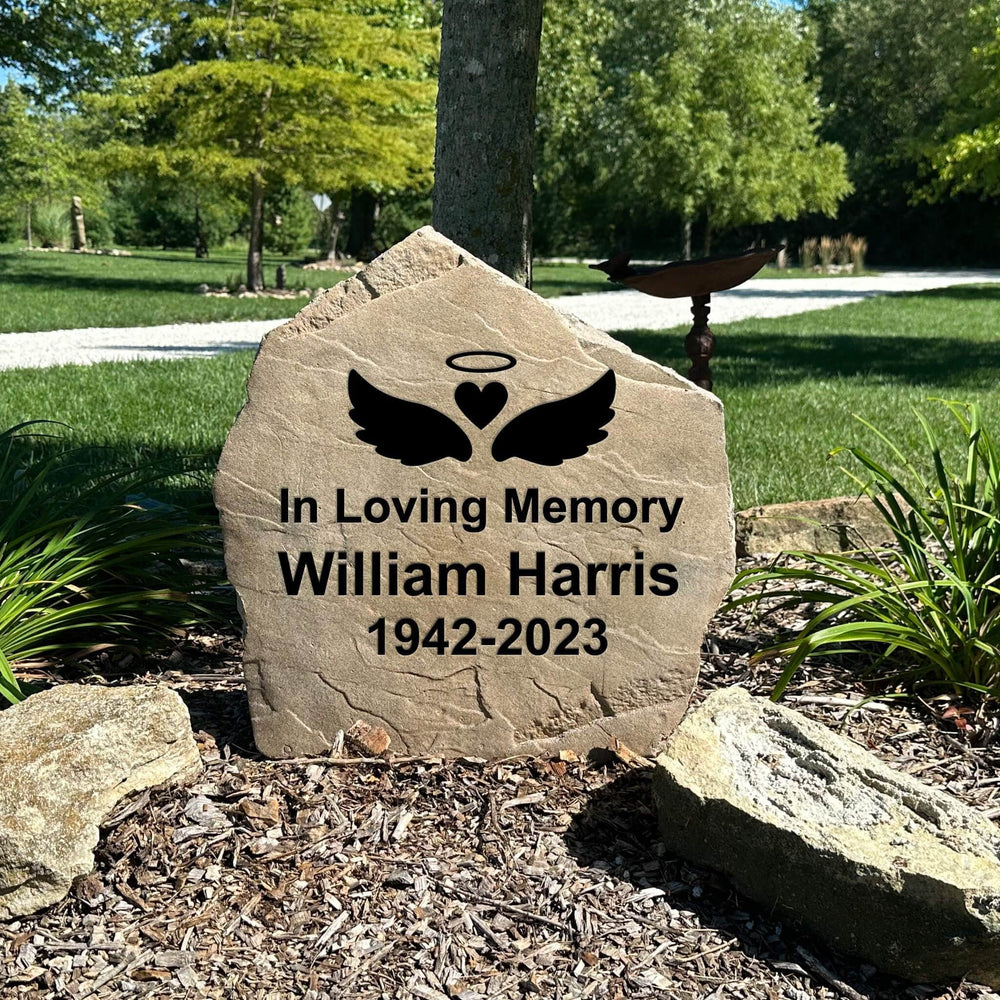 Weather-resistant angel wings tribute monument designed to bring comfort and lasting beauty to memorial gardens, flower beds, and peaceful outdoor spaces.