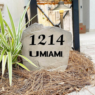 Engraved University of Miami Address Stone with custom house numbers and the Miami Hurricanes logo, bringing collegiate spirit and timeless style to front yard landscapes, walkways, and home entrances.