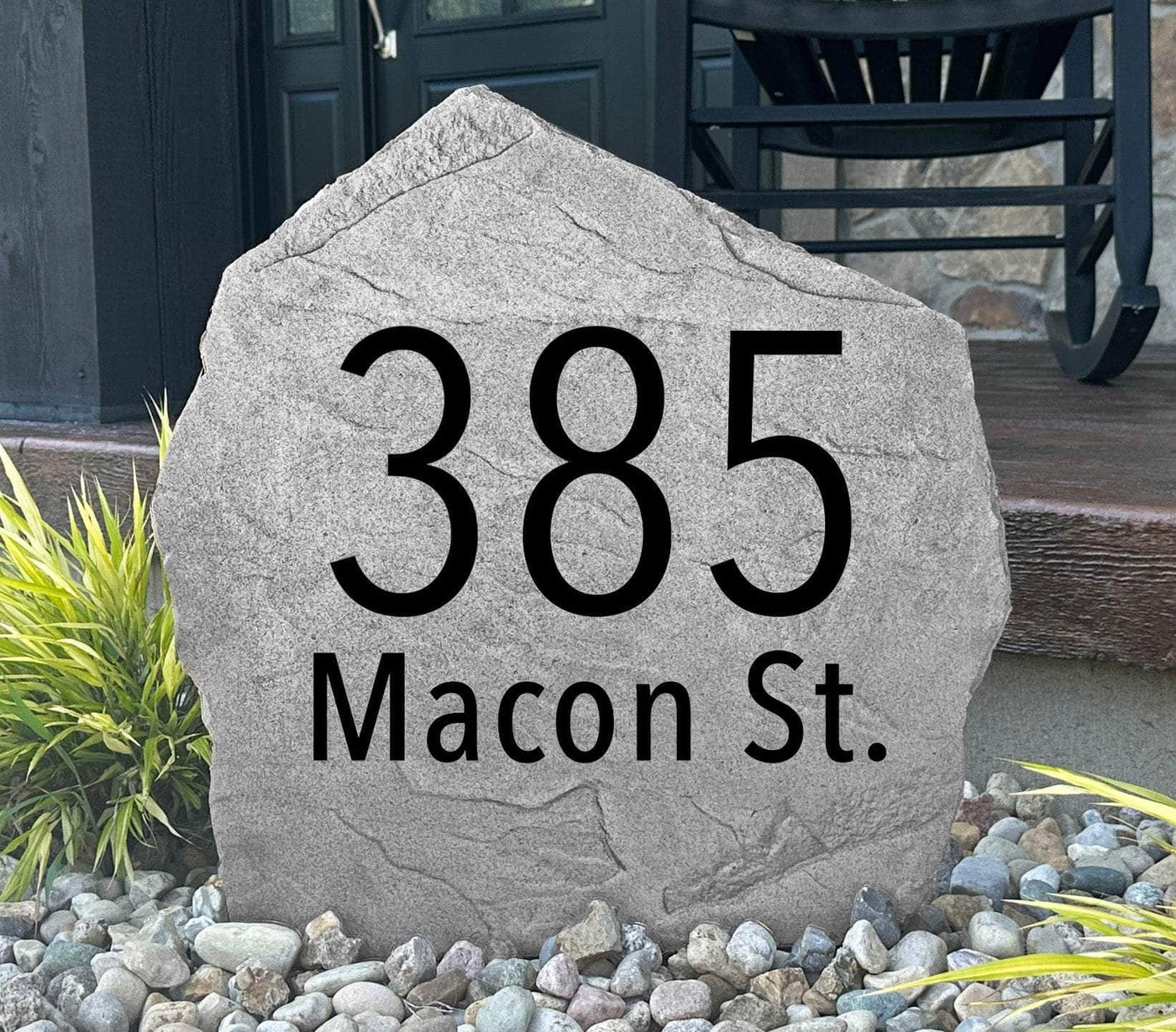 Personalized modern address stone featuring house numbers