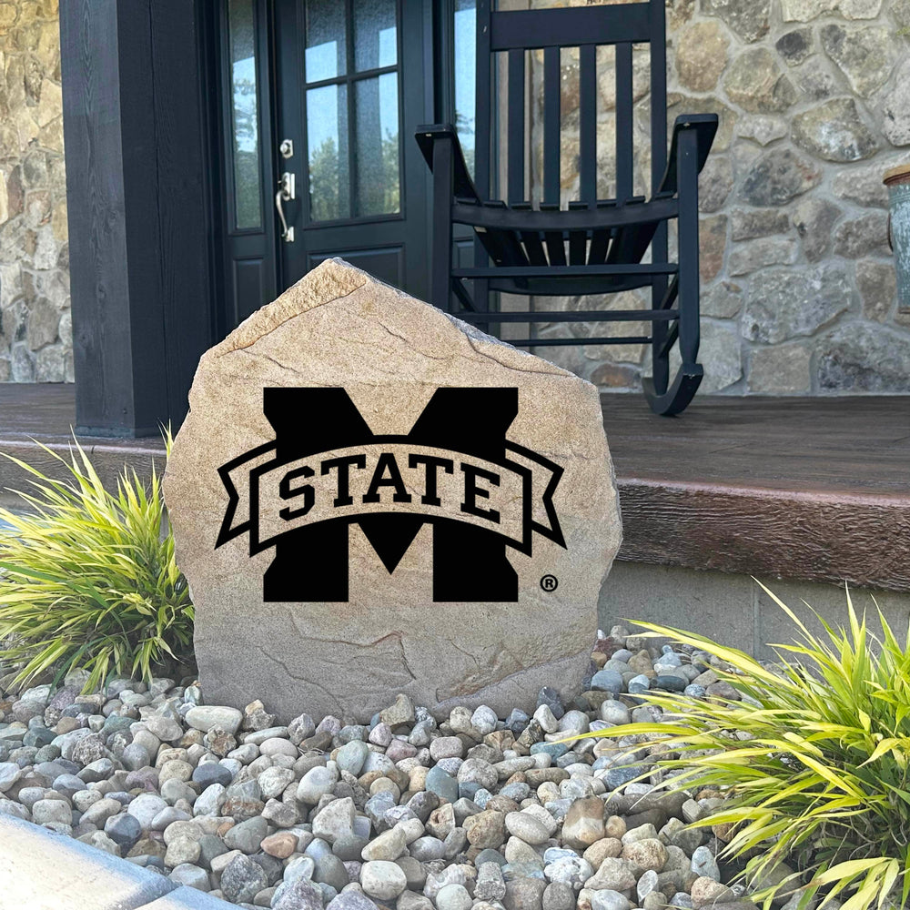Weather-resistant Mississippi State Bulldogs landscape stone displaying the official university logo, perfect for flower beds, walkways, front yards, and backyard gathering spaces.