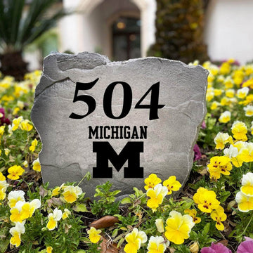 Decorative University of Michigan Address Stone featuring personalized house numbers permanently engraved into the stone surface alongside the official Wolverines logo. Perfect for driveways, gardens, and entryways, this address marker combines school pride with lasting durability.