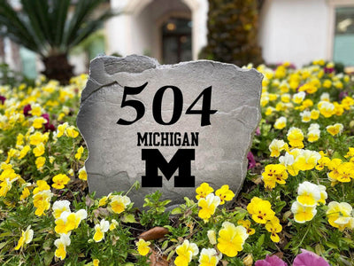 Engraved college-themed rock with large numbers, ideal for front yard or entryway.
