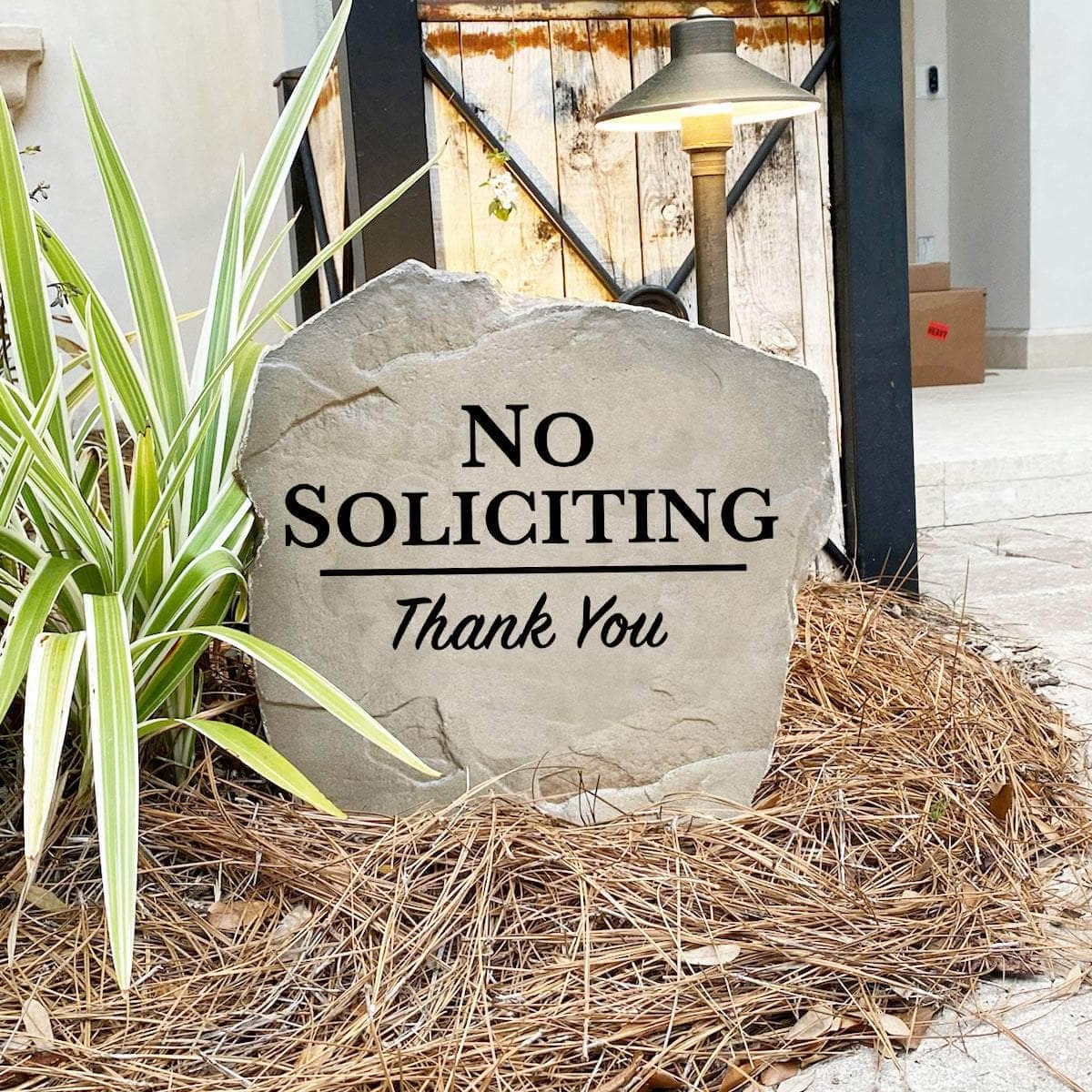 Elegant No Soliciting landscape marker designed to protect your privacy with a durable outdoor sign that blends beautifully into your yard.