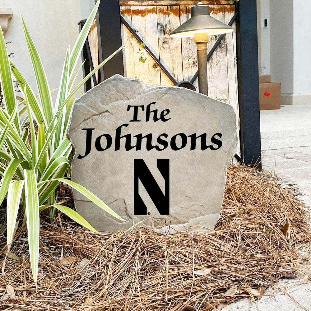 Custom Northwestern University last name marker designed to enhance front yards, patios, garden beds, and walkways with classic collegiate style.