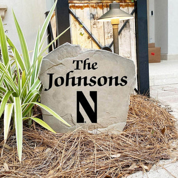Custom Northwestern University last name marker designed to enhance front yards, patios, garden beds, and walkways with classic collegiate style.