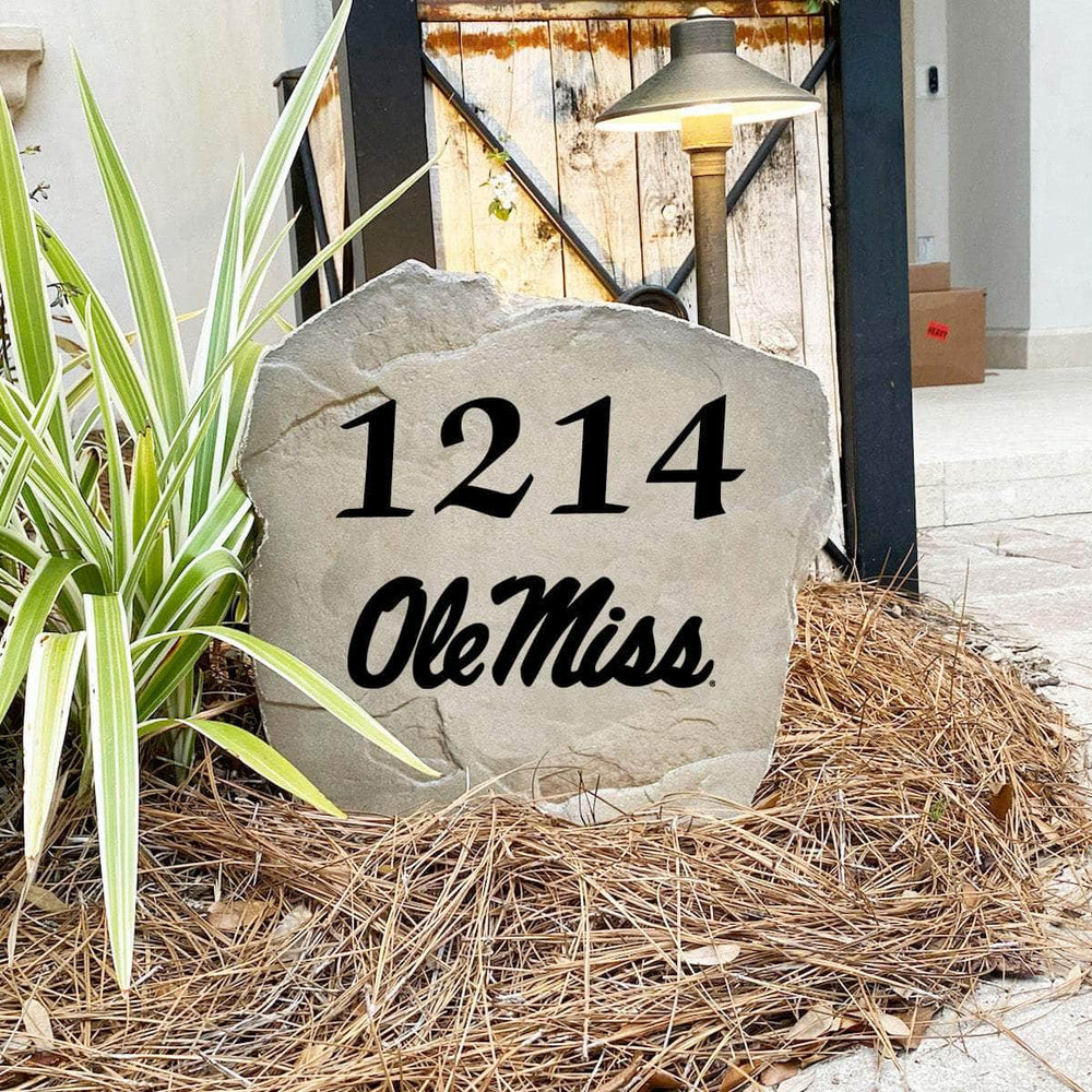 Handcrafted in the USA, the University of Mississippi Address Stone features deep precision engraving and weather-resistant construction for lasting outdoor durability. Available in Sandstone and Greystone finishes.