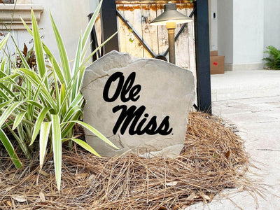 Durable Ole Miss logo rock with custom engraving for garden or yard signage.