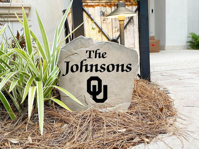 Custom family name stone featuring Oklahoma logo