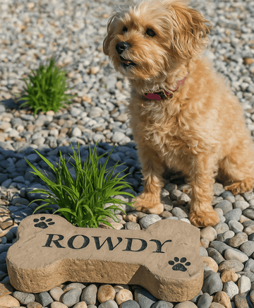 Engraved Dog Bone Stone nestled among colorful flowers and greenery, bringing playful charm and a love for dogs to the landscape. This weather-resistant decorative stone provides lasting beauty for gardens and patios.