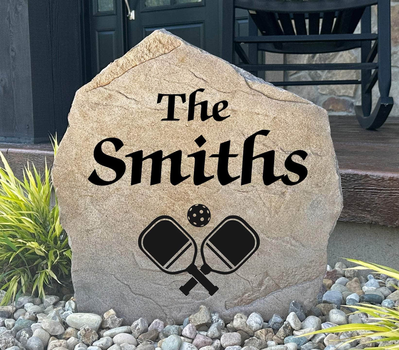 Personalized pickleball garden stone featuring family name and paddles, perfect for gifting.