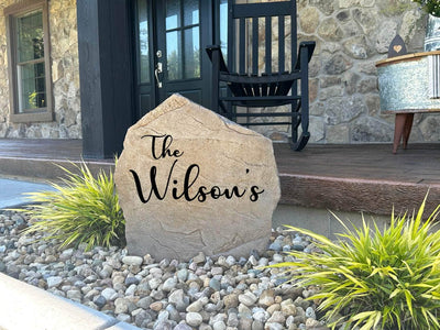Decorative Script Name rock for garden paths, landscaping, or front porch display