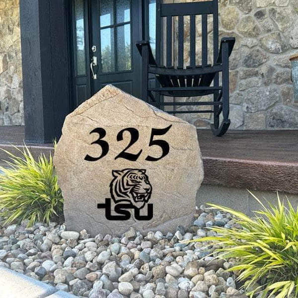 Tennessee State Tigers landscape address stone featuring precision-engraved street numbers, offering a timeless outdoor accent built for lasting beauty.