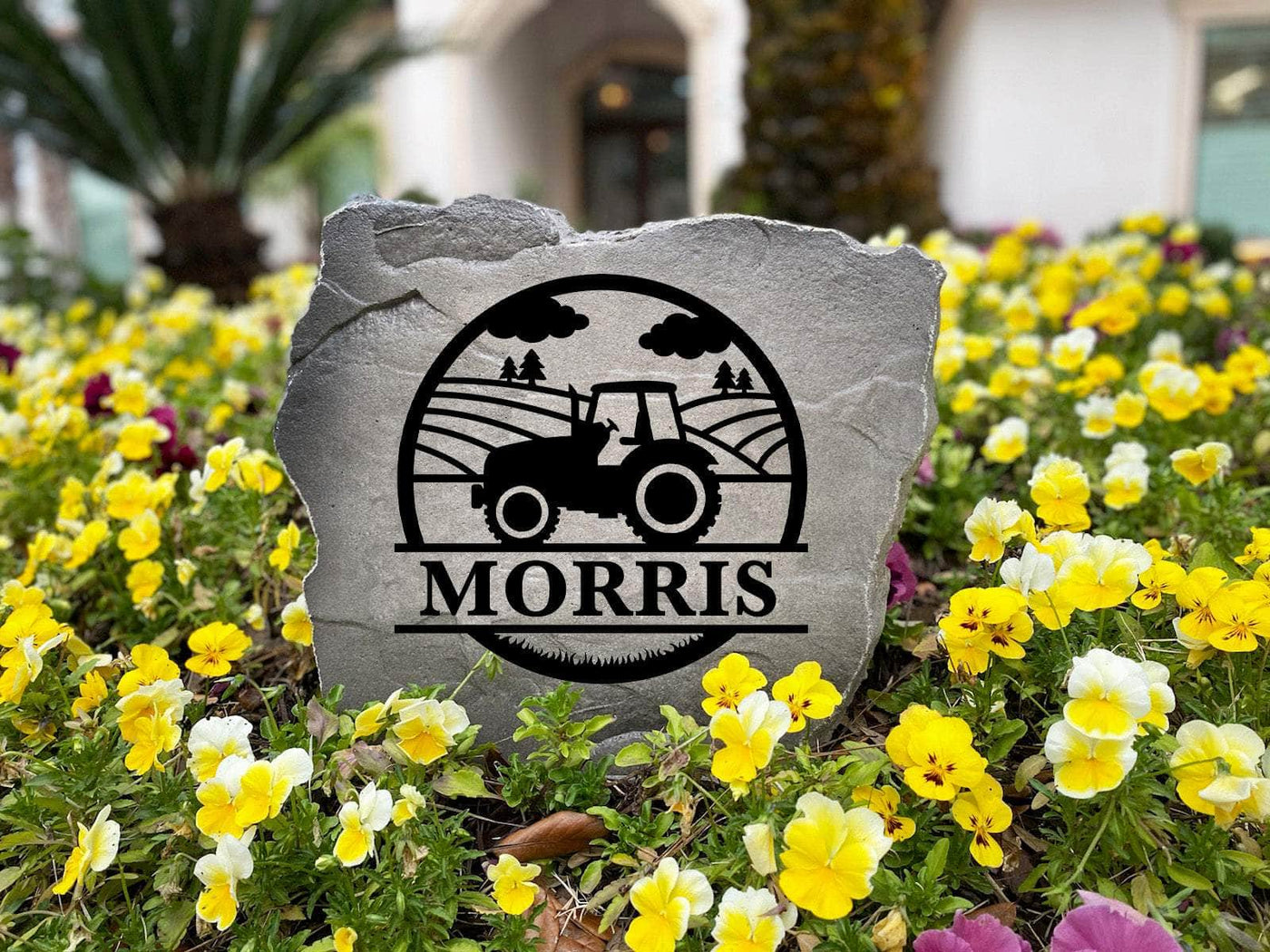 Custom family name rock with rural farm theme, great for porches and landscaping.