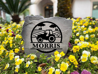 Custom family name rock with rural farm theme, great for porches and landscaping.