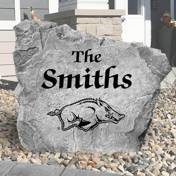Officially licensed Arkansas Razorbacks personalized name plaque crafted from solid concrete for a timeless outdoor display of school pride.