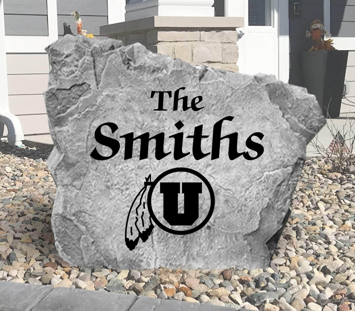 Custom Utah Utes rock featuring engraved last name design.