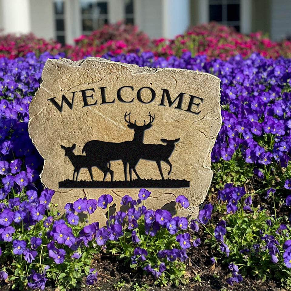 Weather-resistant Welcome Deer outdoor monument designed to enhance gardens, walkways, patios, and front entrances with timeless wildlife-inspired style.