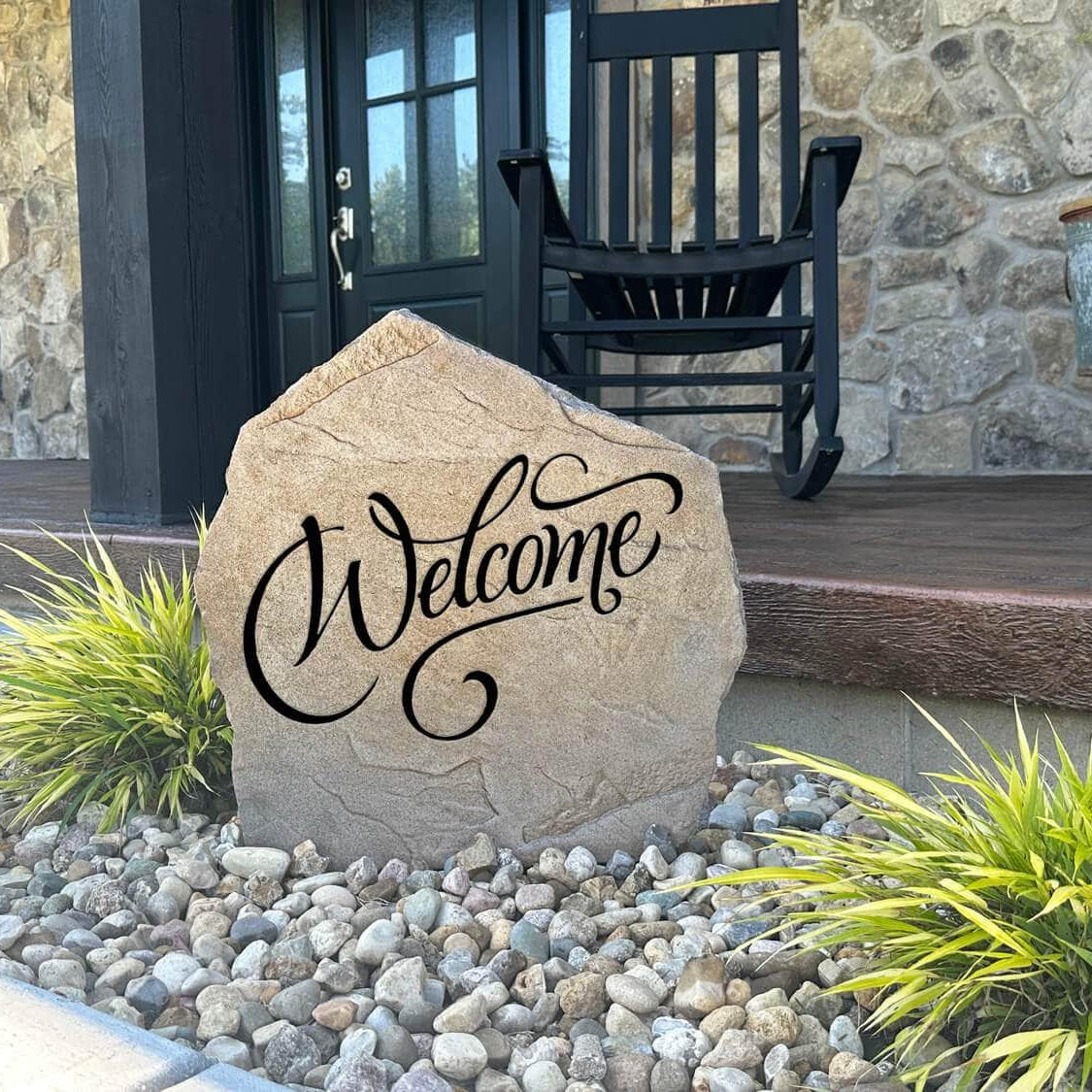 Weather-resistant Welcome monument adding elegance and lasting beauty to flower beds, patios, front yards, and outdoor living spaces.