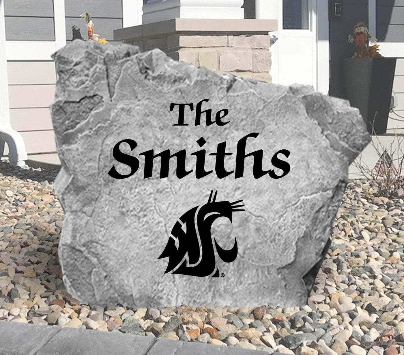 Personalized WSU Cougars stone for displaying family name in landscaping