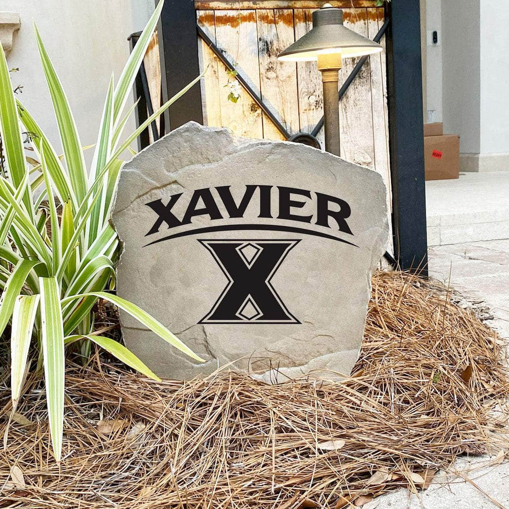 Xavier University outdoor logo marker designed to celebrate Musketeers tradition while enhancing flower beds, walkways, front yards, and backyard entertaining spaces.