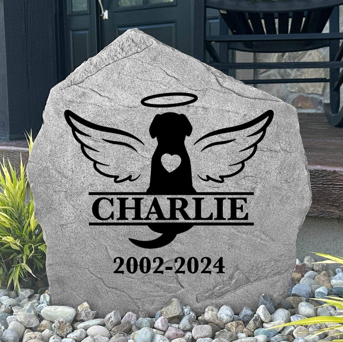 Custom dog remembrance plaque featuring an elegant monogram design, crafted from durable concrete to honor a loyal four-legged family member.