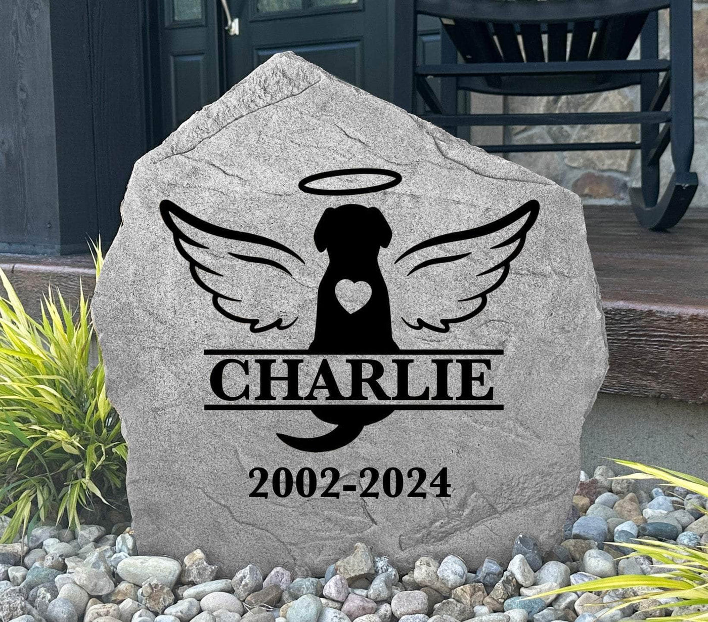 Custom engraved dog remembrance rock featuring pet’s name