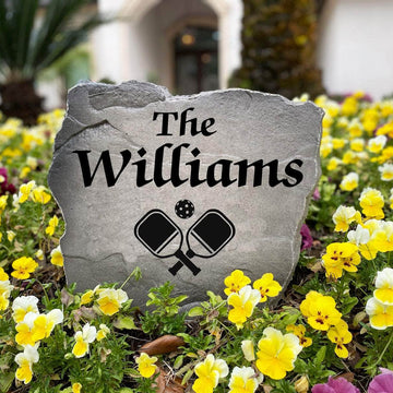 Personalized Pickleball Name Stone handcrafted in the USA with custom engraving and pickleball-inspired artwork. This decorative garden stone enhances front yard landscaping, patios, and outdoor gathering areas with lasting beauty.
