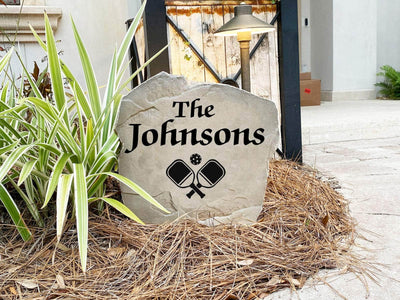 Pickleball-themed rock with name engraving, great outdoor gift for players and fans.