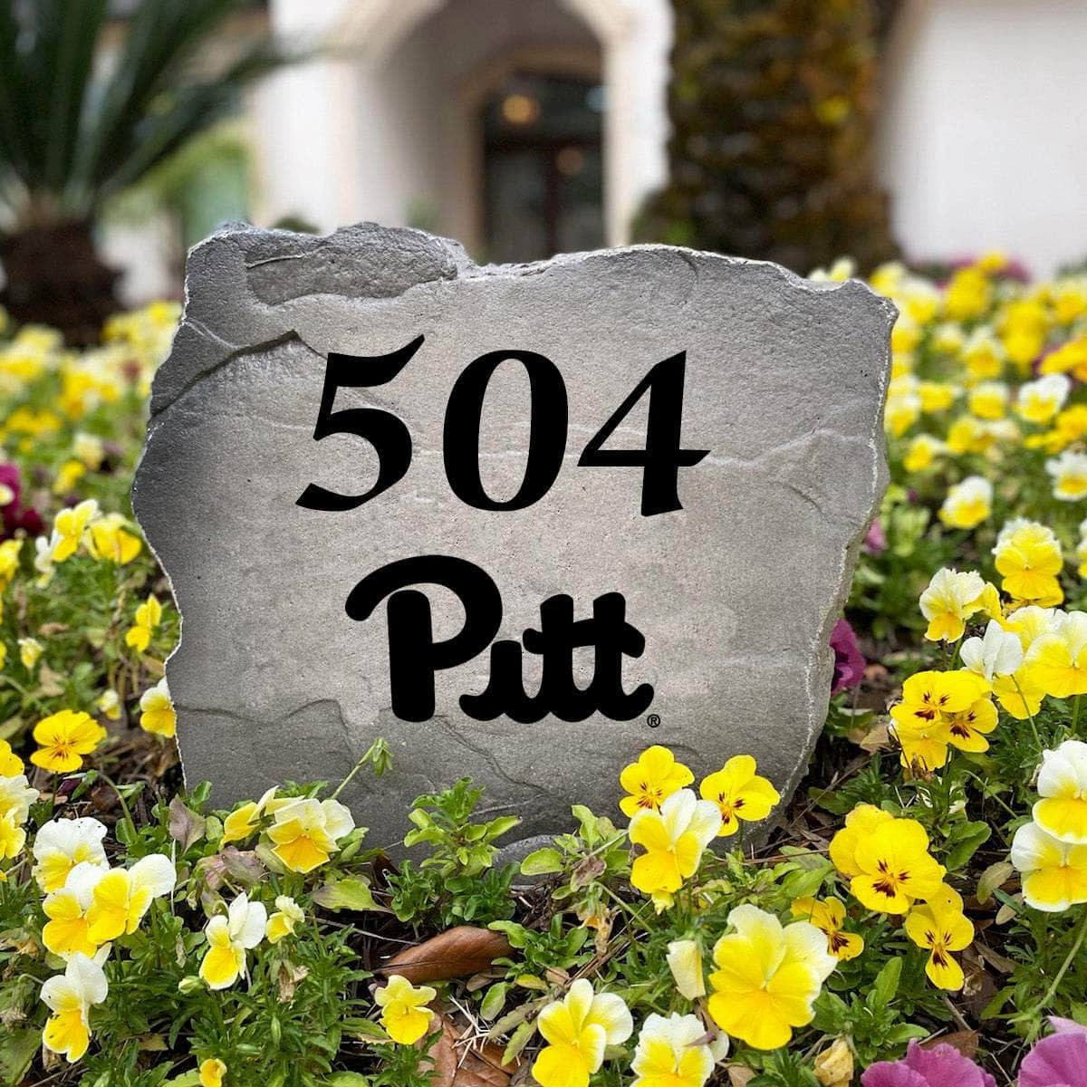 Personalized University of Pittsburgh outdoor address marker engraved into premium stone with authentic Panthers graphics. A unique landscaping feature and thoughtful gift for Pitt fans, alumni, and new homeowners.