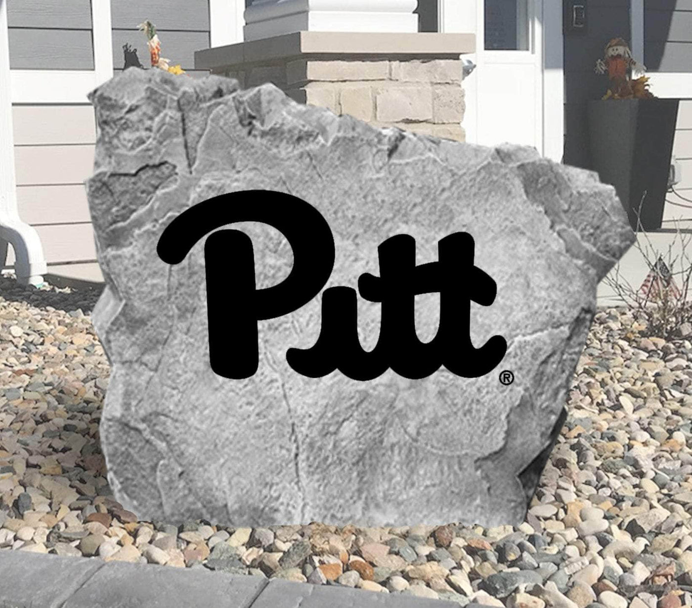 Outdoor rock with Pittsburgh Panthers logo engraving