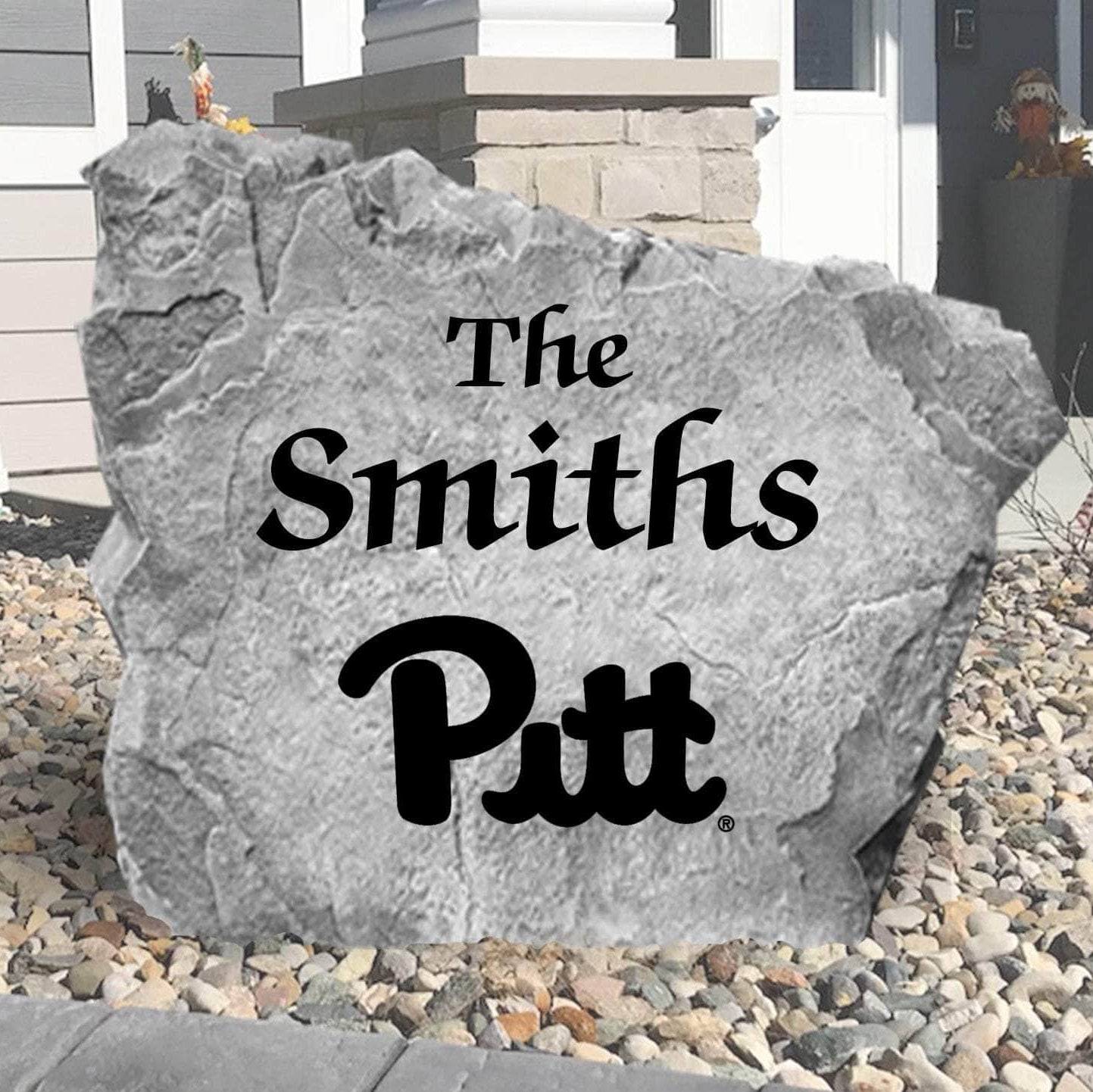 Custom Pittsburgh Panthers Name Stone featuring the official university logo and your personalized family name. A beautiful landscape accent for gardens, patios, front entryways, and flower beds.