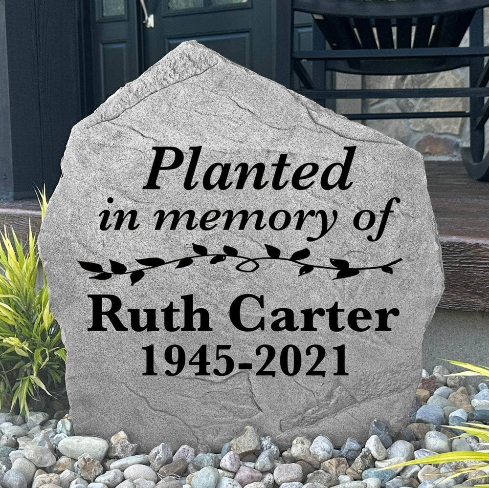 Planted In Memory engraved garden stone creating a heartfelt tribute to a loved one with a beautiful reminder that lives on through nature.