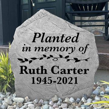 Planted In Memory engraved garden stone creating a heartfelt tribute to a loved one with a beautiful reminder that lives on through nature.