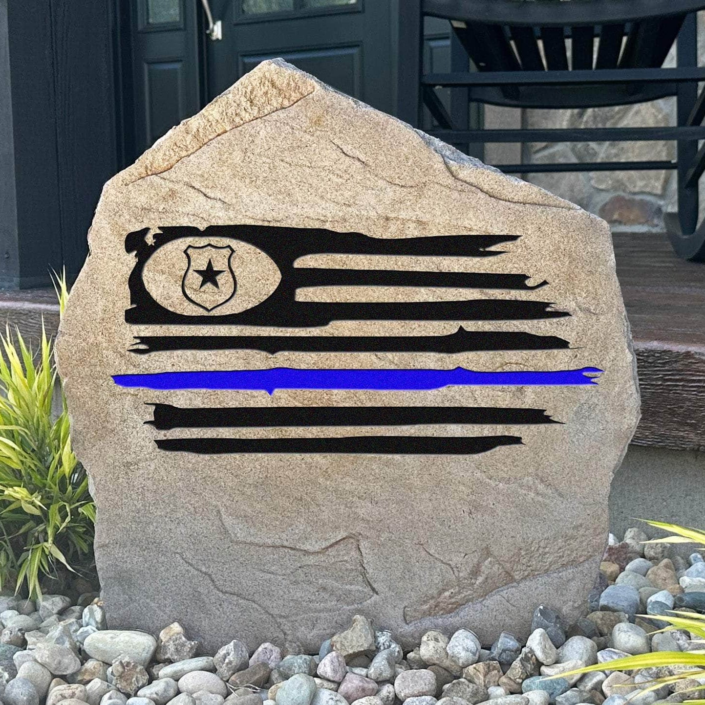 Police Flag engraved stone honoring the courage and dedication of law enforcement officers with a meaningful patriotic landscape tribute.