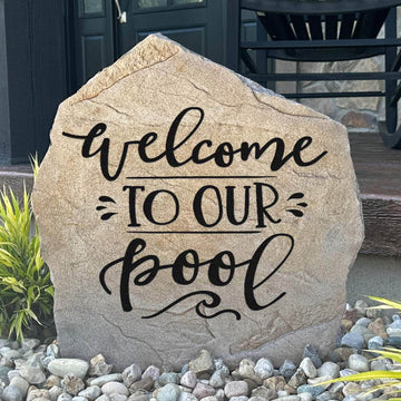 Decorative pool welcome plaque crafted from durable concrete, adding resort-inspired charm to swimming pools, outdoor lounges, and landscaped retreats.