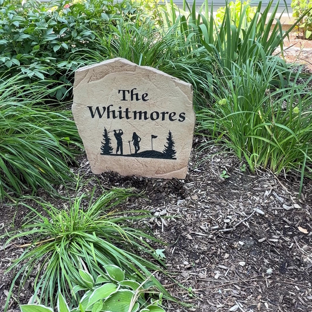 Personalized Golf Name Stone engraved with your family surname, creating a distinctive landscape centerpiece for golfers and golf-loving families.