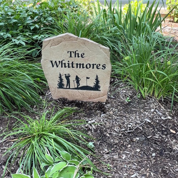 Personalized Golf Name Stone engraved with your family surname, creating a distinctive landscape centerpiece for golfers and golf-loving families.