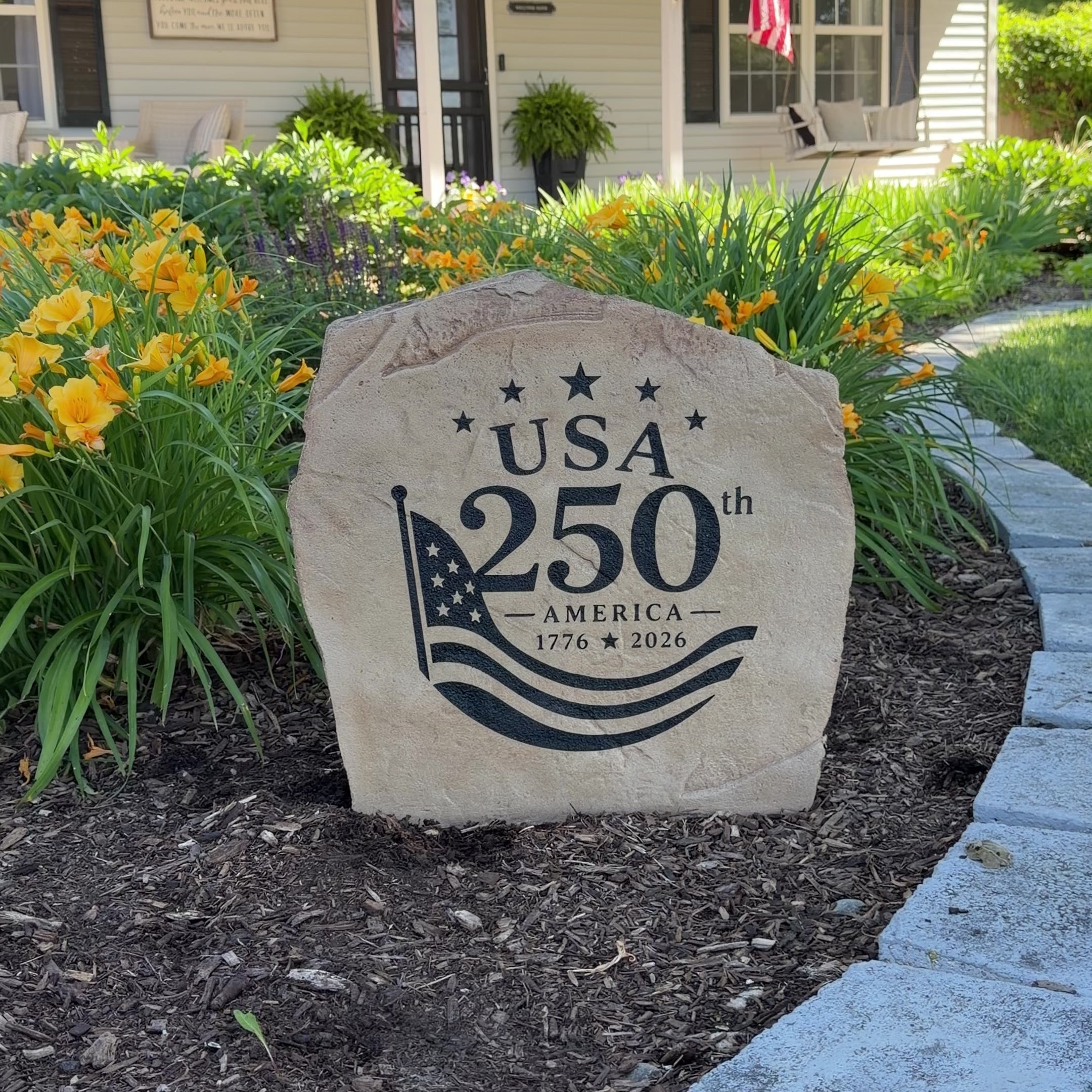 Handcrafted USA 250th Anniversary Stone proudly made in the USA with deep precision engraving and weather-resistant construction. Available in Sandstone and Greystone finishes for lasting outdoor beauty throughout every season.