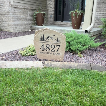 Personalized Mountain View Address Stone engraved with custom house numbers, bringing rustic mountain charm to your home's entrance and landscape.