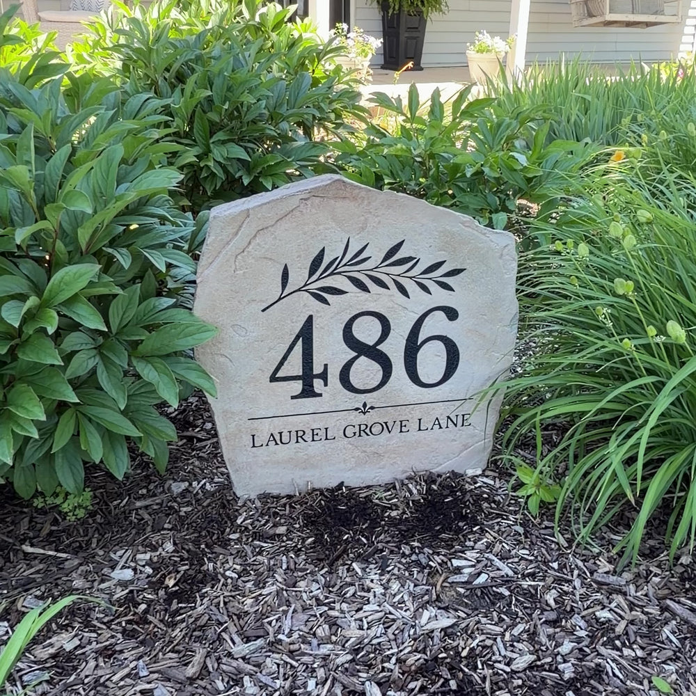 Personalized Willow Address Stone featuring custom house numbers and an elegant willow-inspired botanical design engraved directly into the stone surface. This decorative address stone enhances curb appeal and creates a welcoming focal point for front yards, gardens, driveways, and entryways.