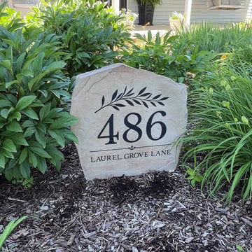 Personalized Willow Address Stone featuring custom house numbers and an elegant willow-inspired botanical design engraved directly into the stone surface. This decorative address stone enhances curb appeal and creates a welcoming focal point for front yards, gardens, driveways, and entryways.