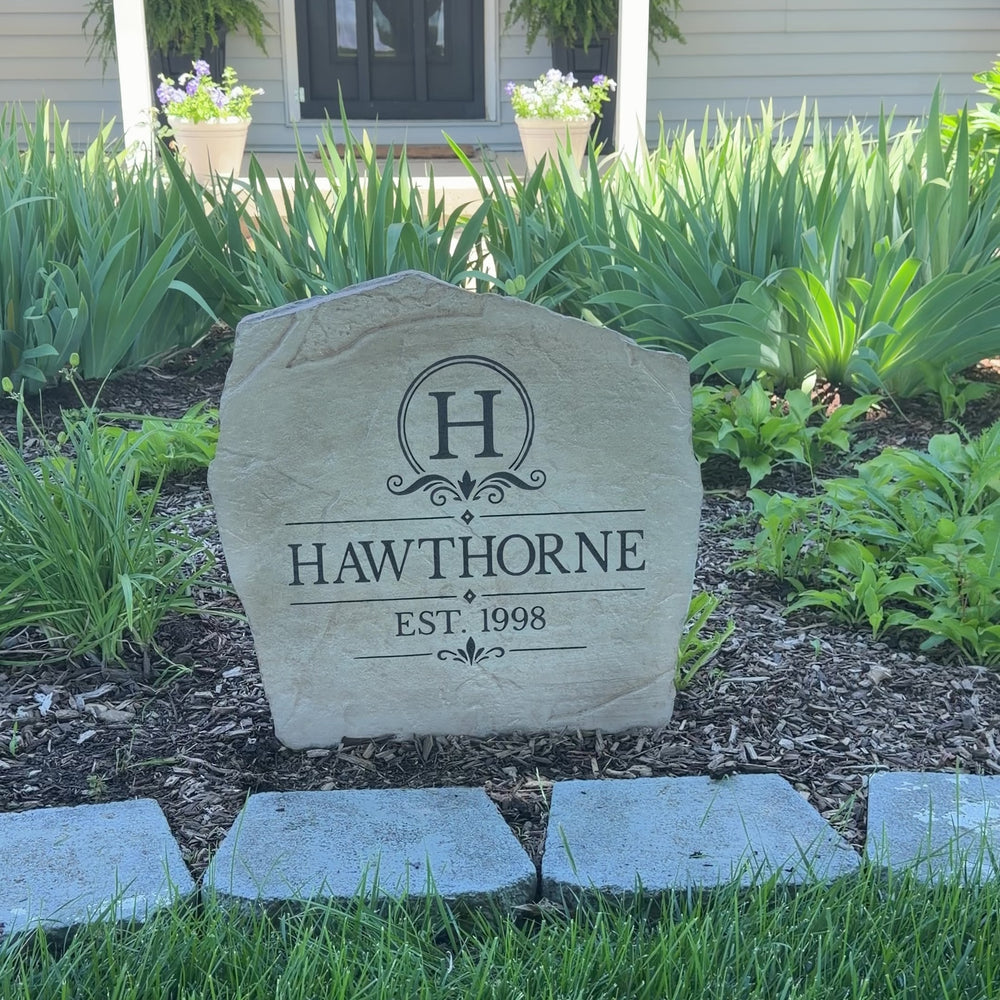 Personalized Heritage Name Stone featuring a custom family name and elegant heritage-inspired engraving directly into the stone surface. This decorative name stone adds timeless charm and enhances curb appeal for front yards, gardens, patios, and entryways.
